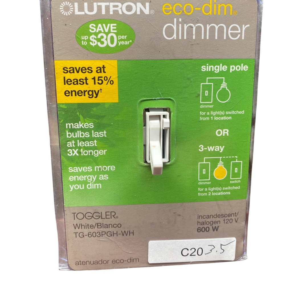 Lutron Toggler Dimmer Switch TG-603PGH-WH White Single Pole 3-Way NEW